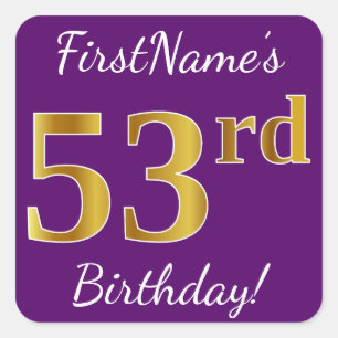 Sticker Carré Purple, Faux Gold 53ème anniversaire + Nom personn