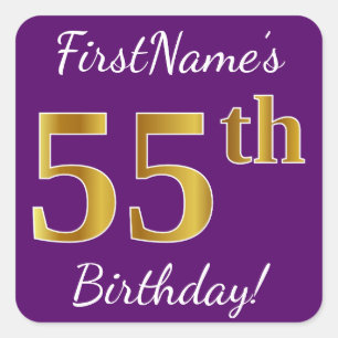 Sticker Carré Purple, Faux Gold 55e anniversaire + Nom personnal
