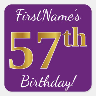 Sticker Carré Purple, Faux Gold 57e anniversaire + Nom personnal