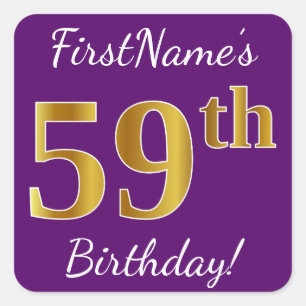 Sticker Carré Purple, Faux Gold 59e anniversaire + Nom personnal