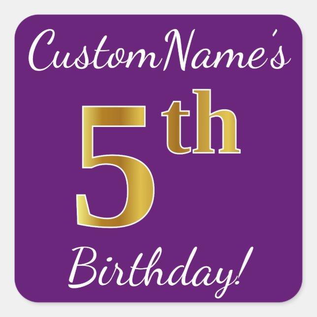 Sticker Carré Purple, Faux Gold 5e anniversaire + Nom personnali (Devant)