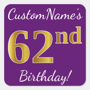 Sticker Carré Purple, Faux Gold 62e anniversaire + Nom personnal