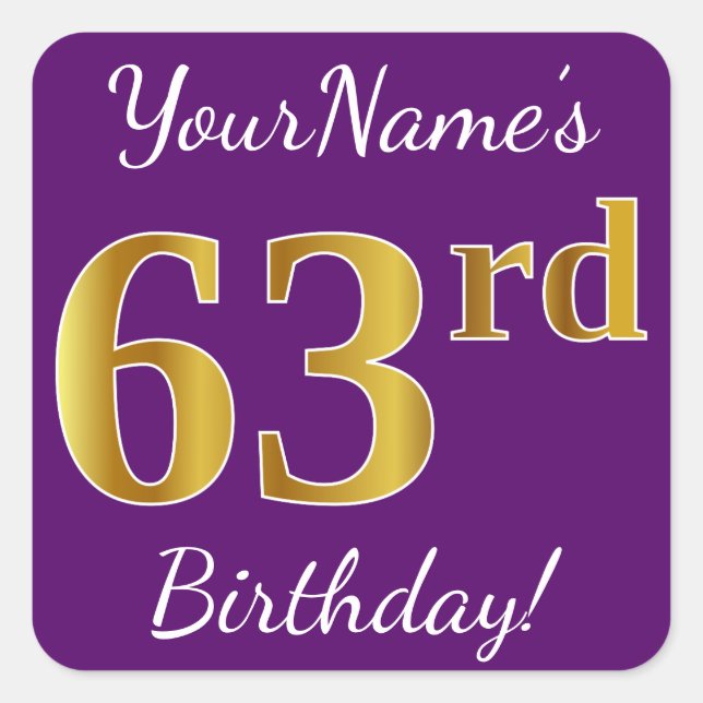 Sticker Carré Purple, Faux Gold 63ème anniversaire + Nom personn (Devant)