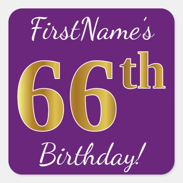 Sticker Carré Purple, Faux Gold 66e anniversaire + Nom personnal (Devant)
