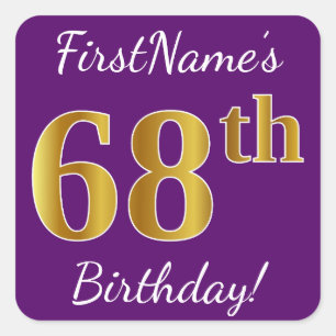 Sticker Carré Purple, Faux Gold 68e anniversaire + Nom personnal