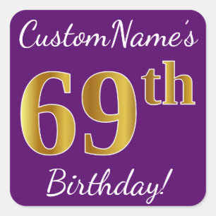 Sticker Carré Purple, Faux Gold 69e anniversaire + Nom personnal