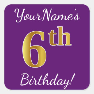 Sticker Carré Purple, Faux Gold 6e anniversaire + Nom personnali