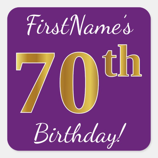 Sticker Carré Purple, Faux Gold 70e anniversaire + Nom personnal (Devant)