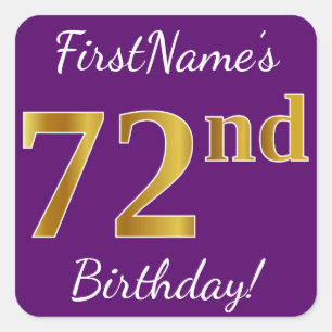 Sticker Carré Purple, Faux Gold 72e anniversaire + Nom personnal
