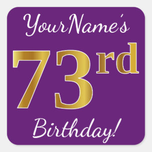 Sticker Carré Purple, Faux Gold 73ème anniversaire + Nom personn