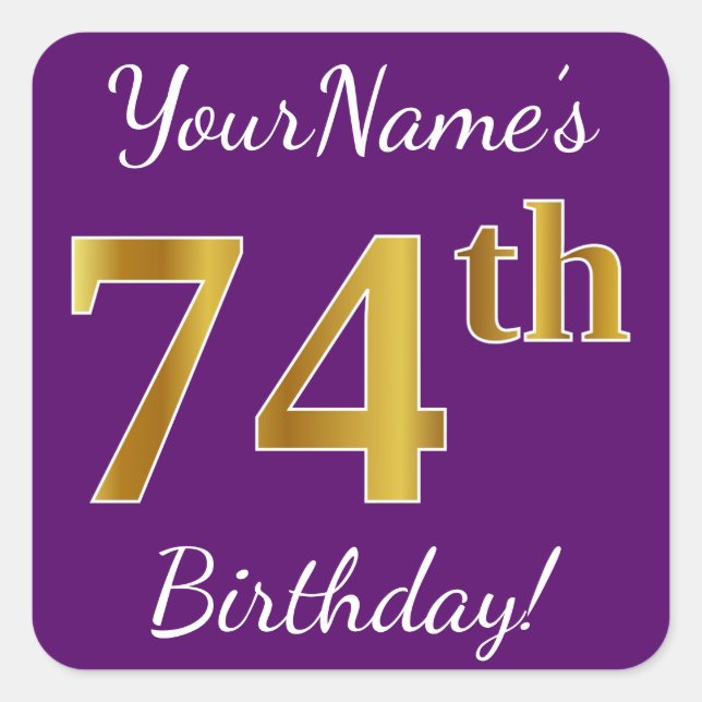 Sticker Carré Purple, Faux Gold 74e anniversaire + Nom personnal (Devant)