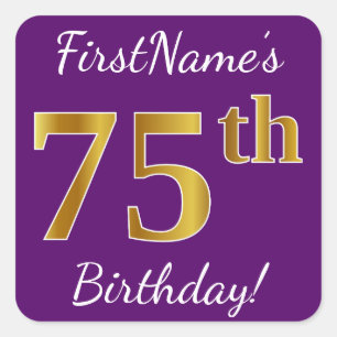 Sticker Carré Purple, Faux Gold 75e anniversaire + Nom personnal