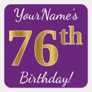 Sticker Carré Purple, Faux Gold 76e anniversaire + Nom personnal