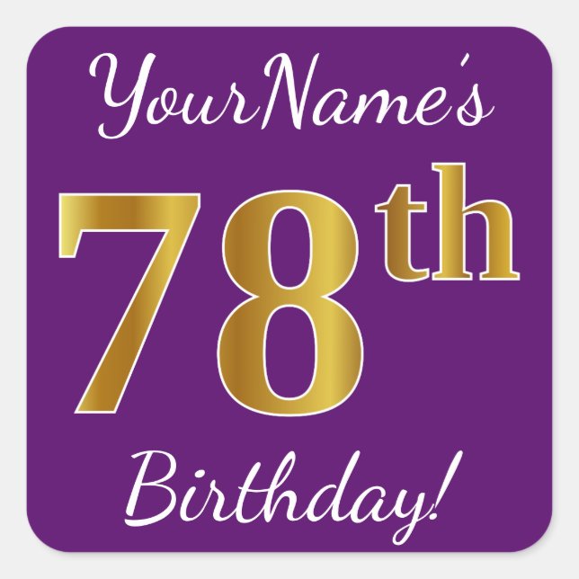 Sticker Carré Purple, Faux Gold 78e anniversaire + Nom personnal (Devant)