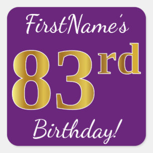 Sticker Carré Purple, Faux Gold 83ème anniversaire + Nom personn