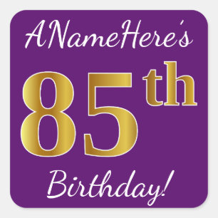 Sticker Carré Purple, Faux Gold 85e anniversaire + Nom personnal