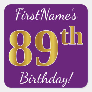 Sticker Carré Purple, Faux Gold 89e anniversaire + Nom personnal