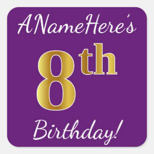 Sticker Carré Purple, Faux Gold 8e anniversaire + Nom personnali