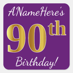 Sticker Carré Purple, Faux Gold 90e anniversaire + Nom personnal