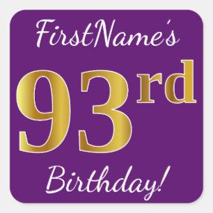 Sticker Carré Purple, Faux Gold 93ème anniversaire + Nom personn