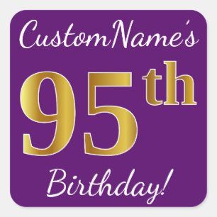 Sticker Carré Purple, Faux Gold 95e anniversaire + Nom personnal
