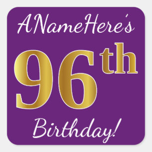 Sticker Carré Purple, Faux Gold 96e anniversaire + Nom personnal