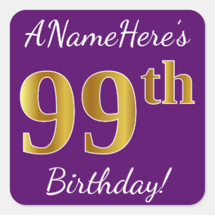 Sticker Carré Purple, Faux Gold 99e anniversaire + Nom personnal