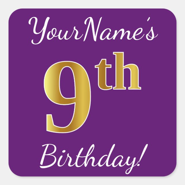 Sticker Carré Purple, Faux Gold 9e anniversaire + Nom personnali (Devant)
