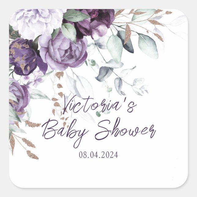 Sticker Carré Purple Floral Élégant Baby shower personnalisé (Devant)