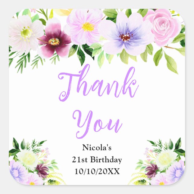 Sticker Carré Purple Flowers and Foliage Birthday Thank You (Devant)