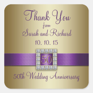 Sticker Carré Purple Gold 50e Mariage Anniversaire Merci