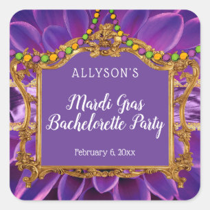 Sticker Carré Purple Gold Elegant Mardi Gras Bachelorette Party
