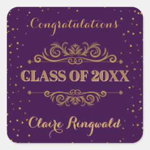 Sticker Carré Purple Gold Graduation Party Favoriser Félicitatio