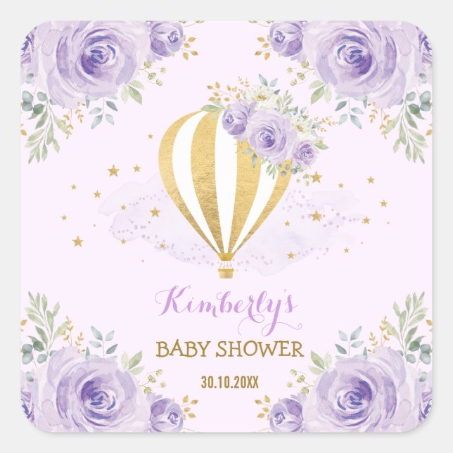 Sticker Carré Purple Gold Hot Air Balloon Aventure Floral Faveur (Devant)
