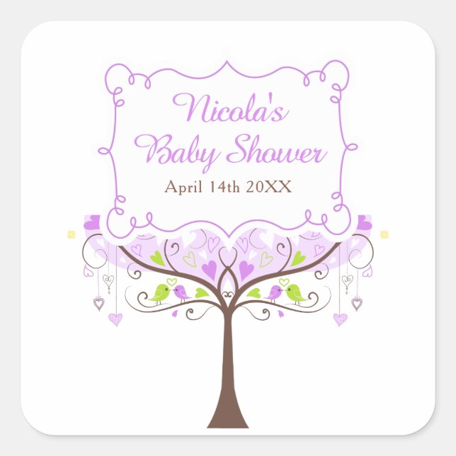 Sticker Carré Purple & Green Floral Bird Baby Shower  (Devant)