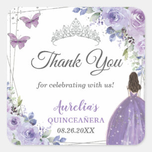 Sticker Carré Purple Lilac Floral Argent Princesse Quinceañera