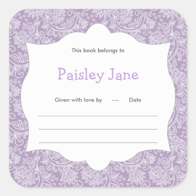 Sticker Carré Purple Paisley Girl Bookplate baby shower de livre (Devant)
