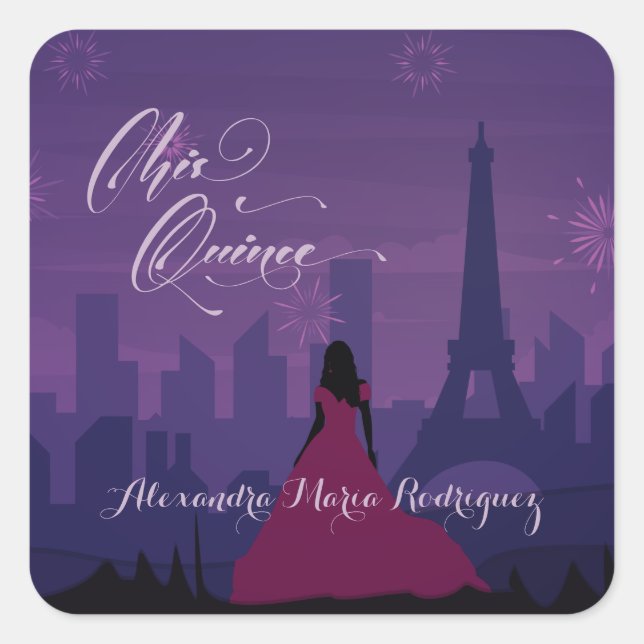 Sticker Carré Purple Pink Paris Fireworks Quinceañera (Devant)