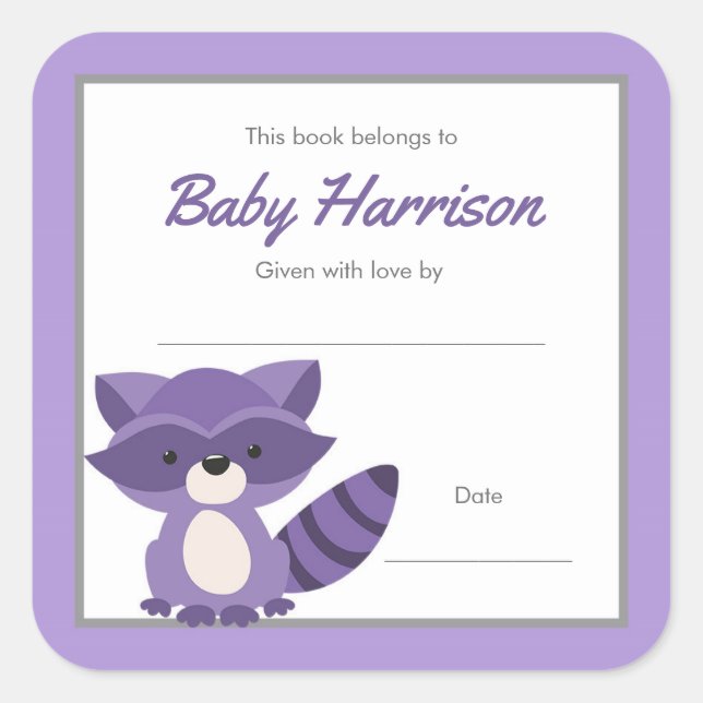 Sticker Carré Purple Raccoon Baby shower Boite, livre fille (Devant)