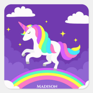 Sticker Carré Purple Rainbow Unicorn Personnalisé fille mignonne