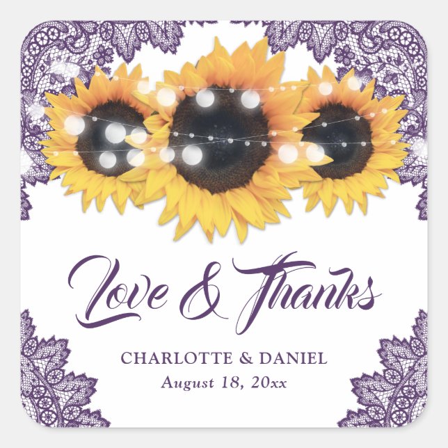 Sticker Carré Purple Rustic Sunflower Wedding Thank You (Devant)