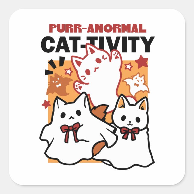 Sticker Carré Purr-anormal Cat Cat mignonne Halloween Conception (Devant)