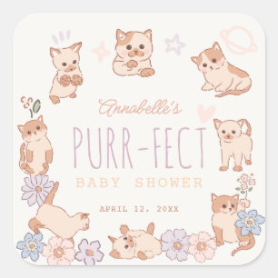Sticker Carré Purr-fect Cute Cats Floral Girl Baby shower