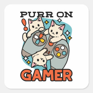 Sticker Carré Purr On Gamer - Conception De Jeu De Chat Cute