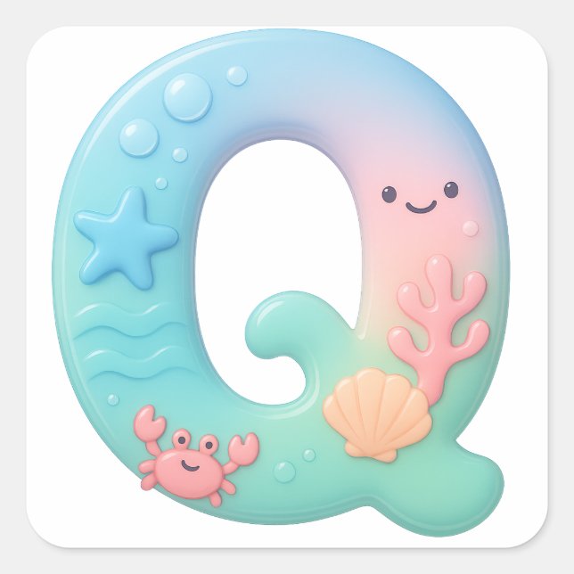 Sticker Carré "Q" Cute Letter - Underwater Sea Creature (Devant)