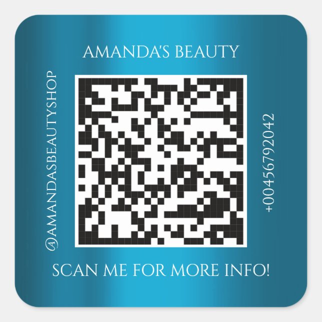 Sticker Carré QR Code Nom promotionnel Contact Turquoise bleu (Devant)