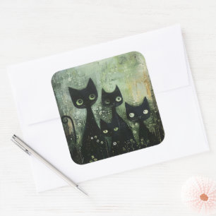 Sticker Carré Quatre chats noirs avec des pâquerettes sur gris m