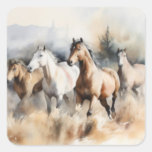 Sticker Carré « Quatre mustangs sauvages » Aquarelle poussiéreus
