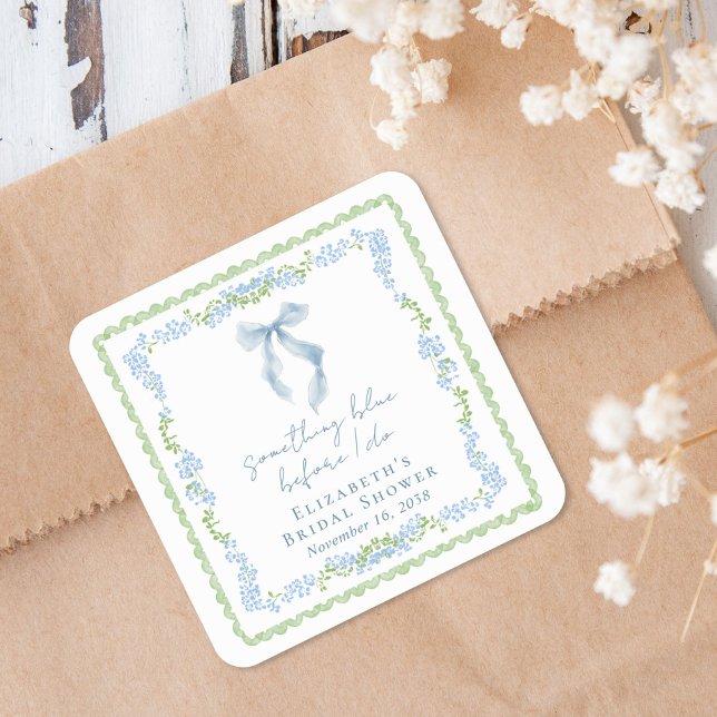 Sticker Carré Quelque Chose de Bleu Nœud Shower de Mariée (Something Blue Bow Bridal Shower Square Sticker)