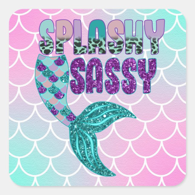 Sticker Carré Queue de sirène rose violet vert Splashy Sassy Fém (Devant)